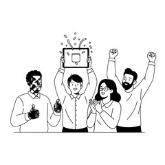 A diverse team of professionals joyfully celebrating a digital achievement with a tablet confetti and gestures of triumph