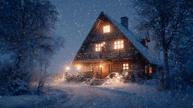 Christmas night snowfall on rustic wooden house 