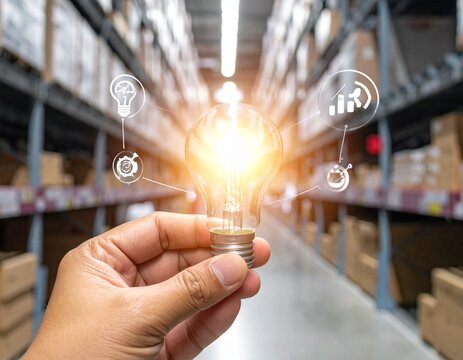 Innovation in Logistics: Hand Holding an Illuminated Lightbulb with Connected Icons in a Modern Warehouse Aisle
