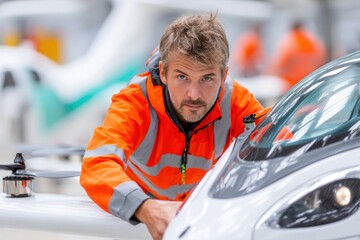 Technician in bright orange safety gear is inspecting an aircraft, showcasing attention to detail and professionalism in a modern aviation environment with copy space