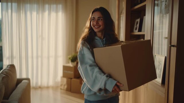 Beautiful young woman carrying a cardboard box, smiling as she looks around her sunlit living room, excited about moving into her new apartment and starting a new chapter in her life