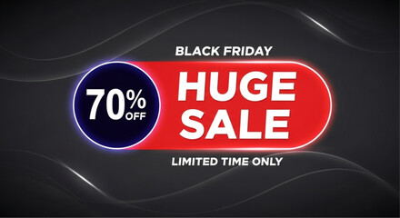 A vibrant promotional graphic for Black Friday highlights a spectacular Huge Sale with a bold 70% off discount, set against a sleek and modern design with dynamic glowing lines.  vector illustration