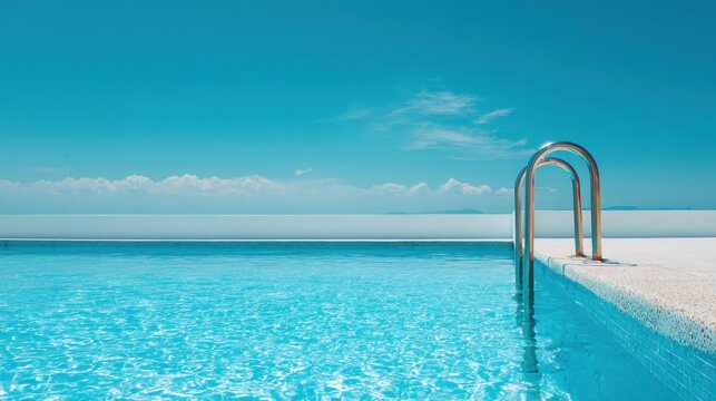 Crystal clear water reflects the blue sky and invites relaxation by the poolside on a sunny day.