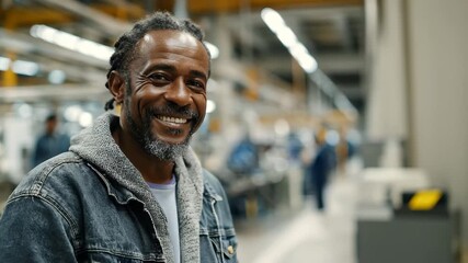 Factory worker smiles during a break in a busy industrial facility filled with machinery and colleagues