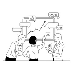 Engaged professional business team analyzing market growth and customer feedback data on a digital display in a modern collaborative workspace