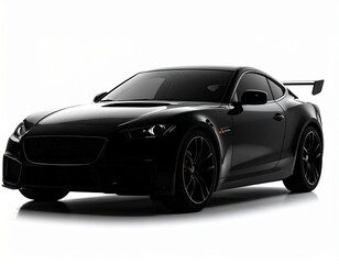 Obraz premium Sleek Black Sports Car or Luxury Coupe with a Large Rear Spoiler, Isolated on a Clean White Background