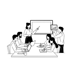 Diverse business professionals actively collaborating discussing data insights in a modern office boardroom with a whiteboard and digital devices for teamwork