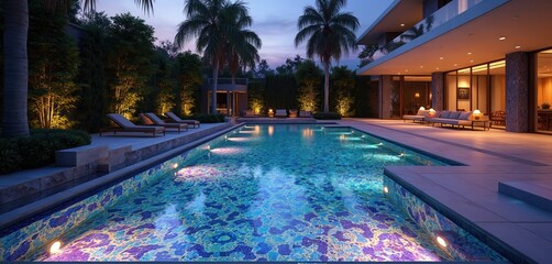 Fototapeta premium Modern luxury house backyard at night with large swimming pool. Pool features colorful tile mosaic, underwater lights creating glow. Palm trees, lounge chairs surround patio. Elegant home design