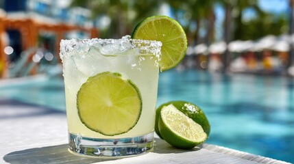 Cool drink sits on a sunlit table near a sparkling pool inviting summer relaxation and enjoyment.