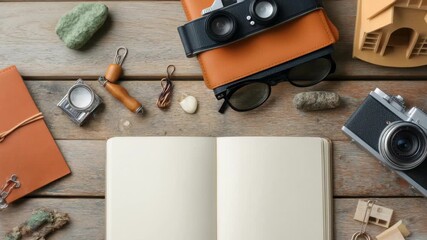 Blank pages on wooden table surrounded by travel items and an old camera inspire creativity and adventure at a quiet retreat