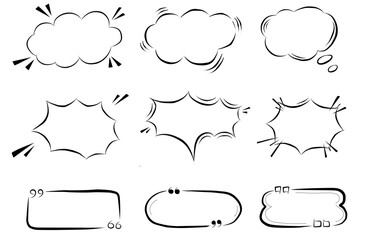 Set of Hand Drawn Comic Speech Bubbles and Quote Frames in Black Lines on White Background