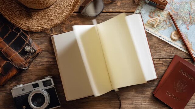 Travel essentials displayed on a wooden table for planning adventures and creating memories with a camera, notebook, and map