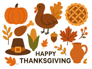 Colorful Thanksgiving illustration with pumpkin, turkey, pie, hat, leaves, sunflower, and berries in warm autumnal tones and playful designs