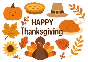 Fototapeta premium Colorful Thanksgiving illustration with pumpkin, turkey, pie, hat, leaves, sunflower, and berries in warm autumnal tones and playful designs