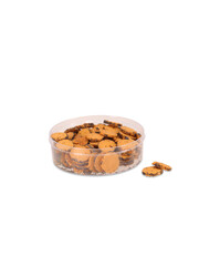 Crispy chocolate chip cookies in a clear container