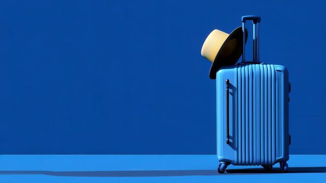 Blue suitcase with a straw hat resting on top against a vibrant blue background in a travel setting