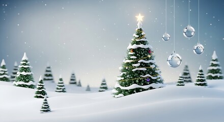 Fototapeta premium Festive christmas trees decorated with ornaments and lights in snow