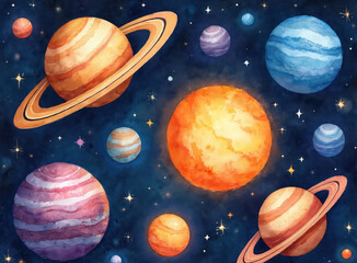 Naklejka premium Watercolor planets and stars fill dark cosmic space. Colorful spheres float in galaxy with nebula clouds. Solar system illustration offers wonder for kids and adults education.