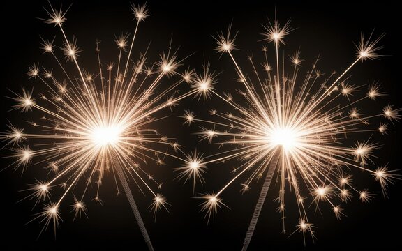 Two golden sparklers with light trails on black background