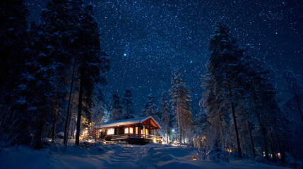 Christmas quiet snowy cabin under star sky