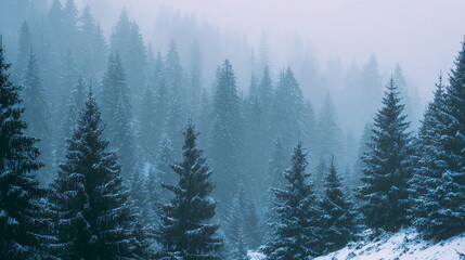 Christmas quiet snowy forest with foggy trees 