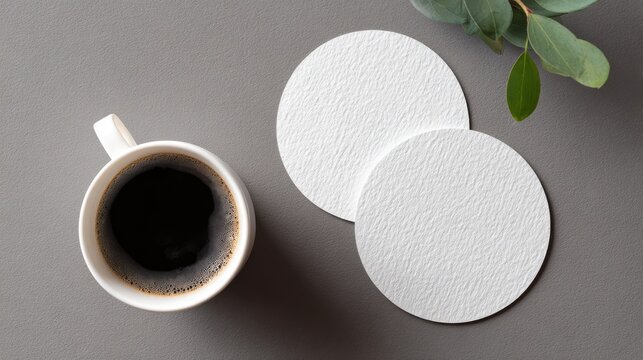 Stunning photo of two white coasters mockup for design presentation, top view on table with coffee cup.