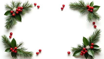 Festive winter holly branches and red berries forming a decorative frame on white background.