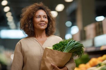 Smiling woman in supermarket holds a bag of fresh greens, selecting ingredients for a healthy meal, wellness and mindful shopping.