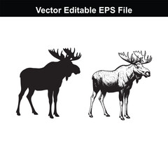 Fototapeta premium Two moose, one in silhouette and one detailed drawing, standing in water, vector editable eps file