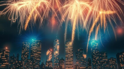 City skyline at night with bright orange fireworks display