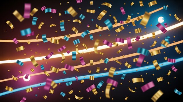 Falling Confetti Gold Blue Pink Neon Light Streaks