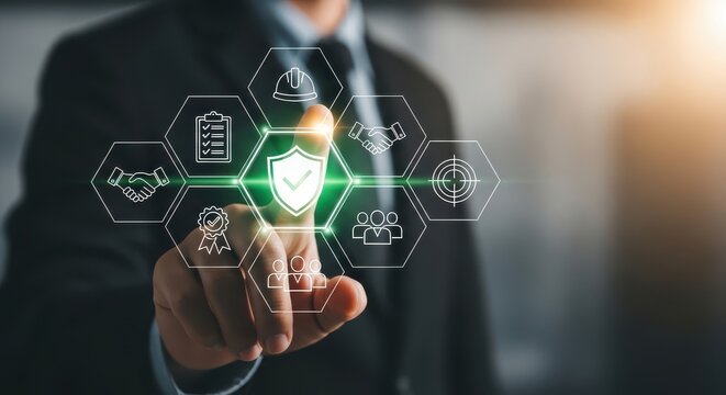 Businessman Touching Virtual Shield Icon Representing Business Compliance, Quality Assurance, and Safety Standards. Corporate Governance and Certification Concept