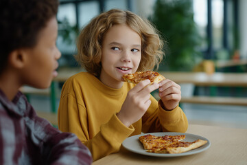Friends enjoy a pizza break together, sharing food and conversation, enhancing friendship in a brightly lit indoor space.