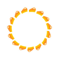 Round wreath with cute flat pumpkin pie slices isolated on white background. Seasonal autumn circle frame.