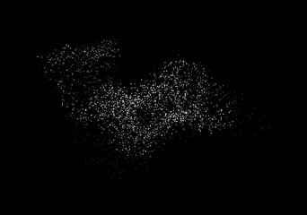 Sugar powder isolated on black background. Backdrop with white grain noise particles. Snow effect texture. Falling salt crystals. Snowflakes in motion.