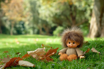 Autumn scene with a toy figure with fuzzy hair and a cozy outfit sitting on green grass amongst scattered fallen leaves.