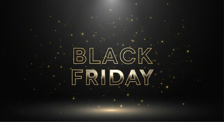 Black Friday Celebration: Elegant golden text Black Friday glows against a dark, dynamic backdrop, sprinkled with shimmering particles that evoke excitement. vector illustration