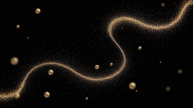 Golden particles swirling on black background with spheres - Powered by Adobe