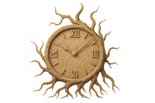 Stone clock with roots growing around, showing time, nature, and ancient fantasy elements on transparent background