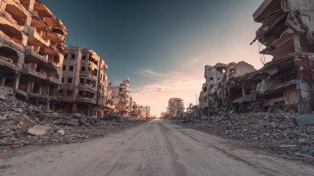 Stunning photo of empty street of burnt up city. Apocalyptic view of city downtown as disaster film poster concept. City destroyed by war.