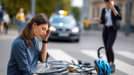 Road accident with faceless injured cyclist lying on pedestrian crossing defocused worried woman driver calling background broken bicycle checking pulse emergency response col