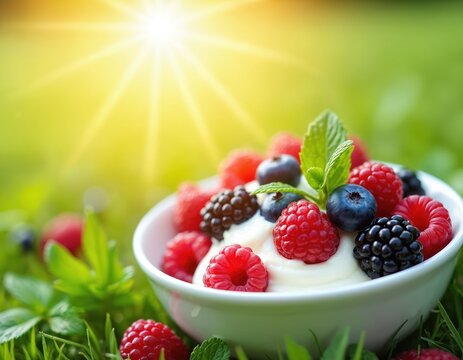 White bowl filled with yogurt and fresh berries like raspberries blueberries and blackberries sitting on green grass with sunlight shining. Healthy breakfast or snack.