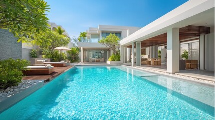 Bright sunlight glimmers on the calm water of a beautiful pool surrounded by lush greenery.