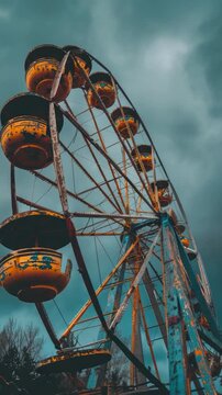 A ferri wheel set against a cloudy sky, great for s and designs about fun, leisure and recreation