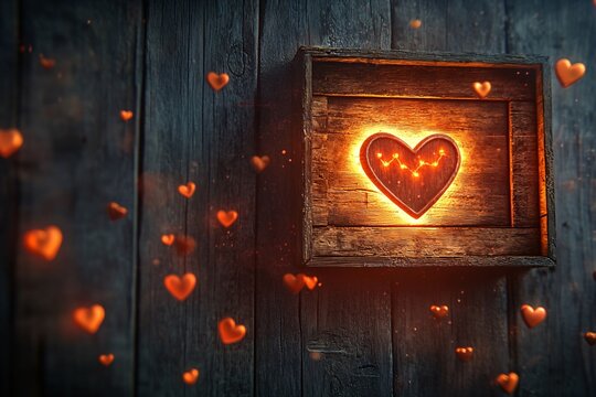 Valentine's Day romantic red heart shaped candle decoration on a rustic wooden background symbolizing love