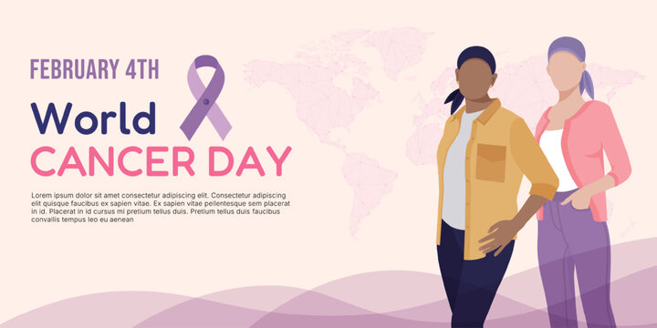 Vector banner for World Cancer Day with two faceless women, purple ribbons, and modern typography, symbolizing global awareness, hope, and unity in the fight against cancer.