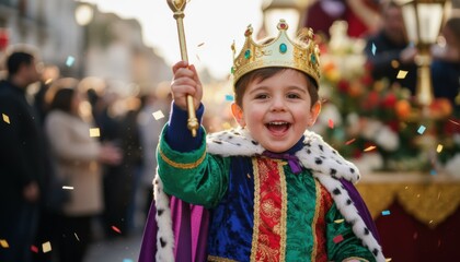 Joyful child dressed as a king during festive parade, representing innocence, celebration, and the joy of traditions Three Kings Day (Dia de los Reyes Magos) or community festivities around the world