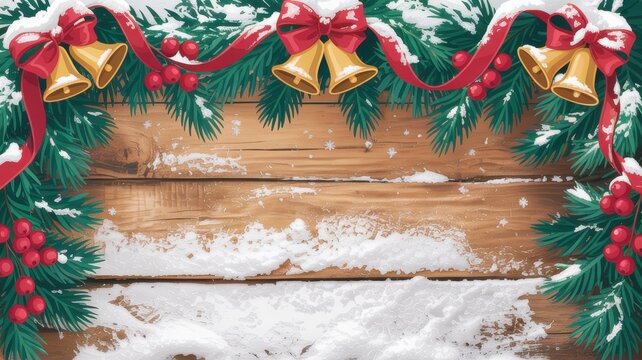 Christmas garland with bells and holly on wood berries