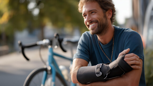 Bicycle accident with faceless man wearing broken arm splint defocused background smiling despite injury positive attitude fracture recovery cycling incident aftermath