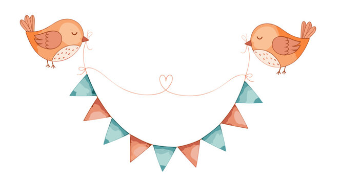 Watercolor illustration of two cute birds holding a garland of flags perfect for baby shower invitations and birthday cards - Powered by Adobe
